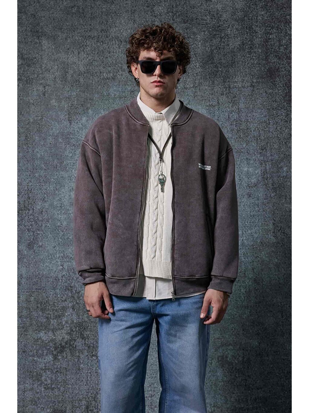 Erkek Oversize Yıkamalı Fermuarlı Sweatshirt Kahverengi-1
