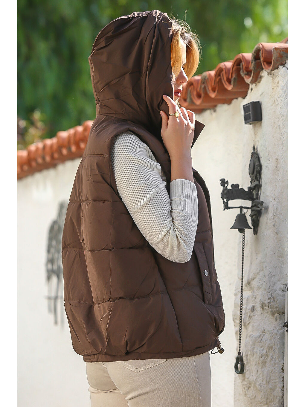 Kahverengi Kapüşonlu Kolsuz Fermuarlı Fleto Cep Casual Dokuma Yelek 72 60-7