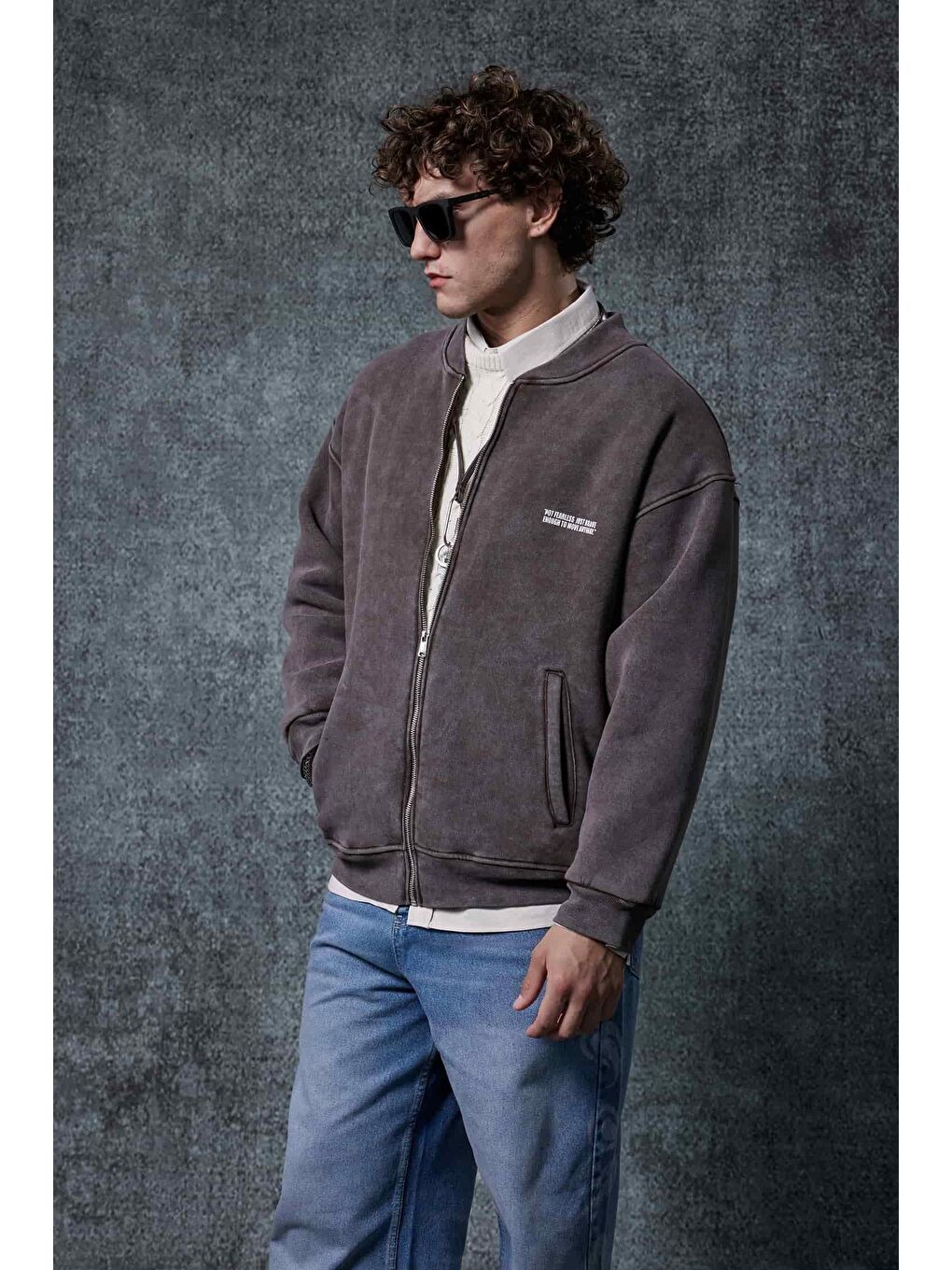 Erkek Oversize Yıkamalı Fermuarlı Sweatshirt Kahverengi-2