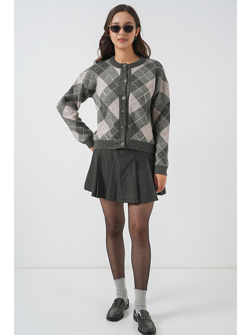 Kadın Desenli Düğmeli Triko Hırka 15927 - Antrasit-1