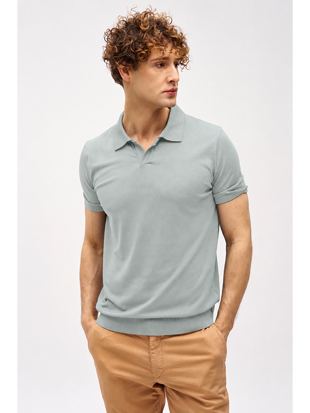 Erkek Açık Yeşil Slim Fit Dar Kalıp Polo Yaka Düz Kısa Kollu Triko Tişört-1