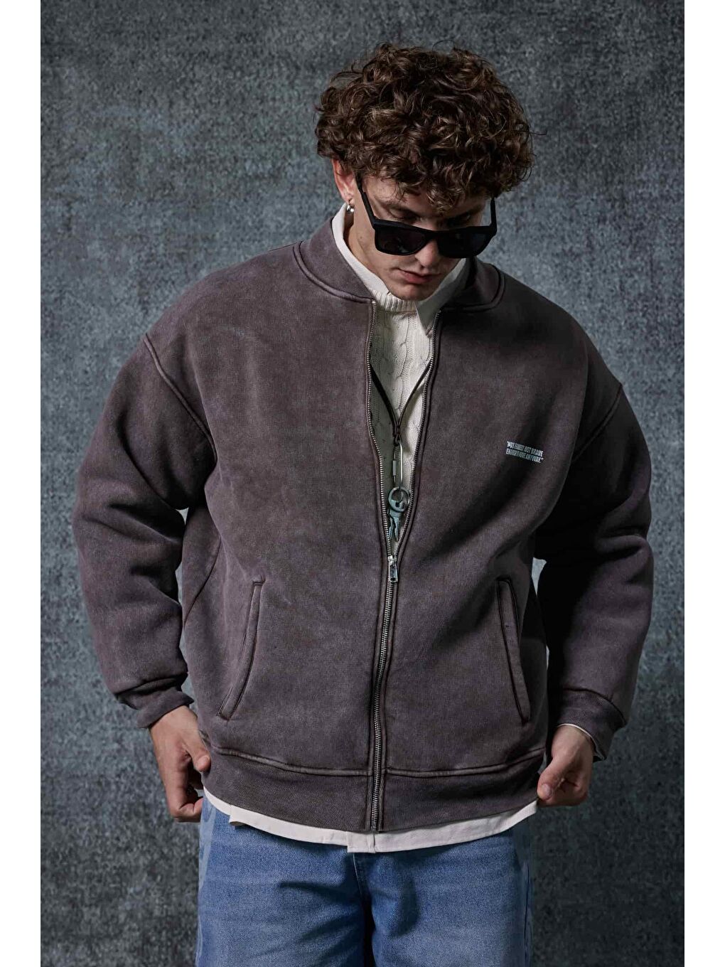 Erkek Oversize Yıkamalı Fermuarlı Sweatshirt Kahverengi-3