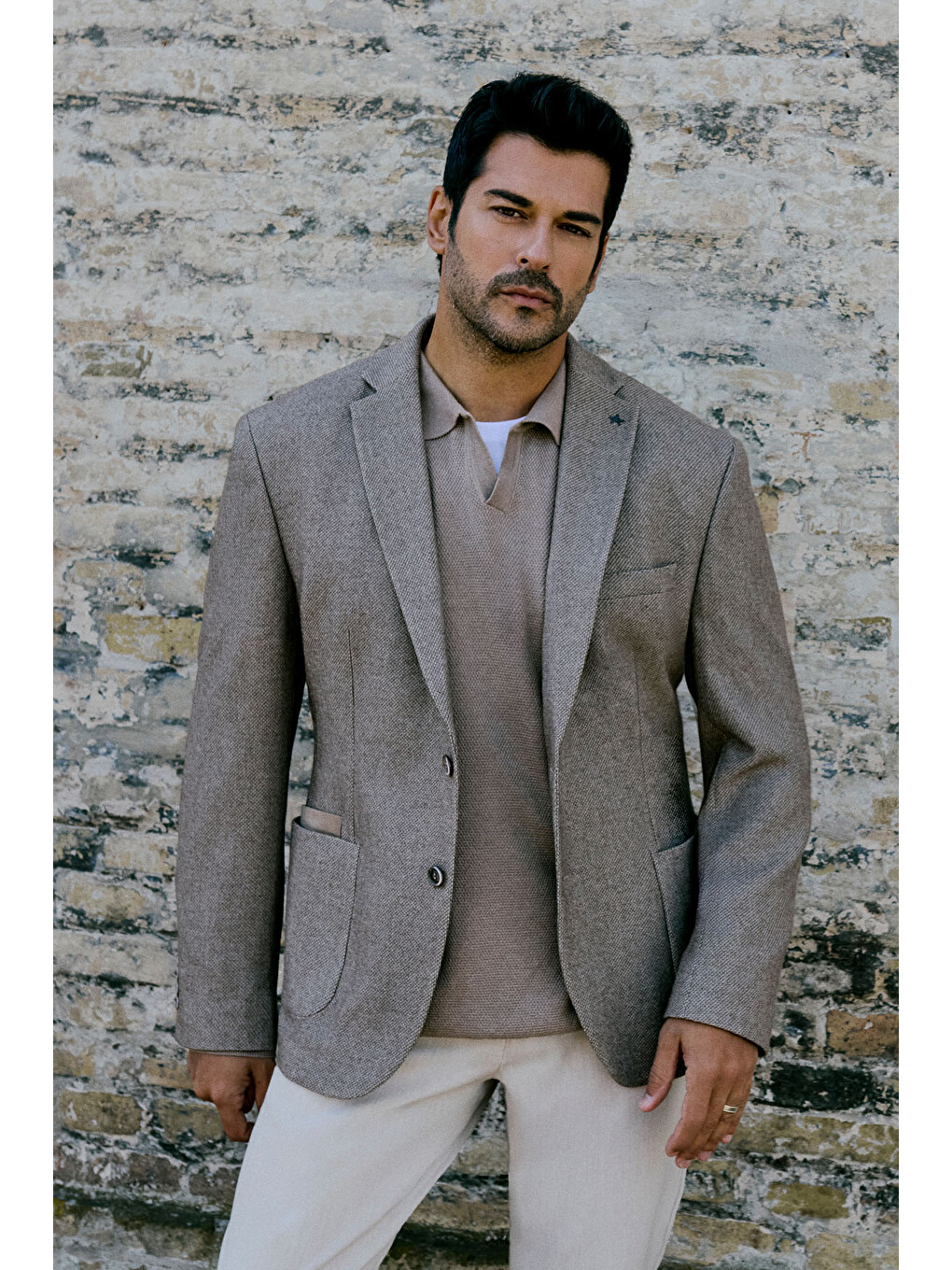 Erkek Bej Yünlü Slim Fit Dar Kesim Mono Yaka Torba Cepli Esnek Blazer Ceket