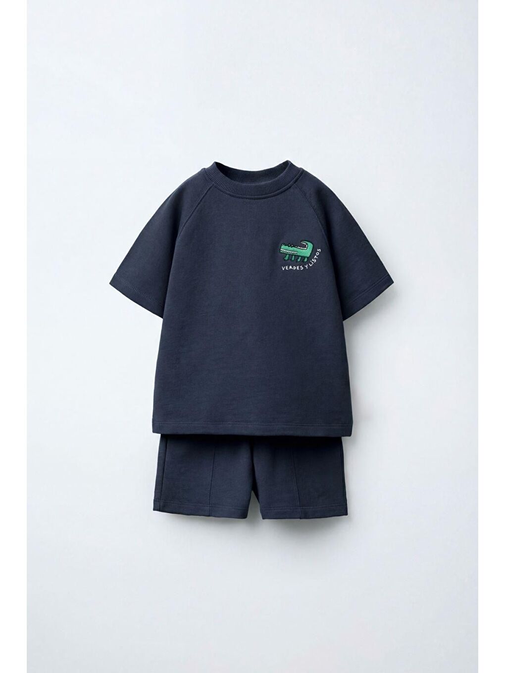 Unisex Çocuk Pamuklu Lacivert Timsah Nakışlı T-Shirt Şort Takım