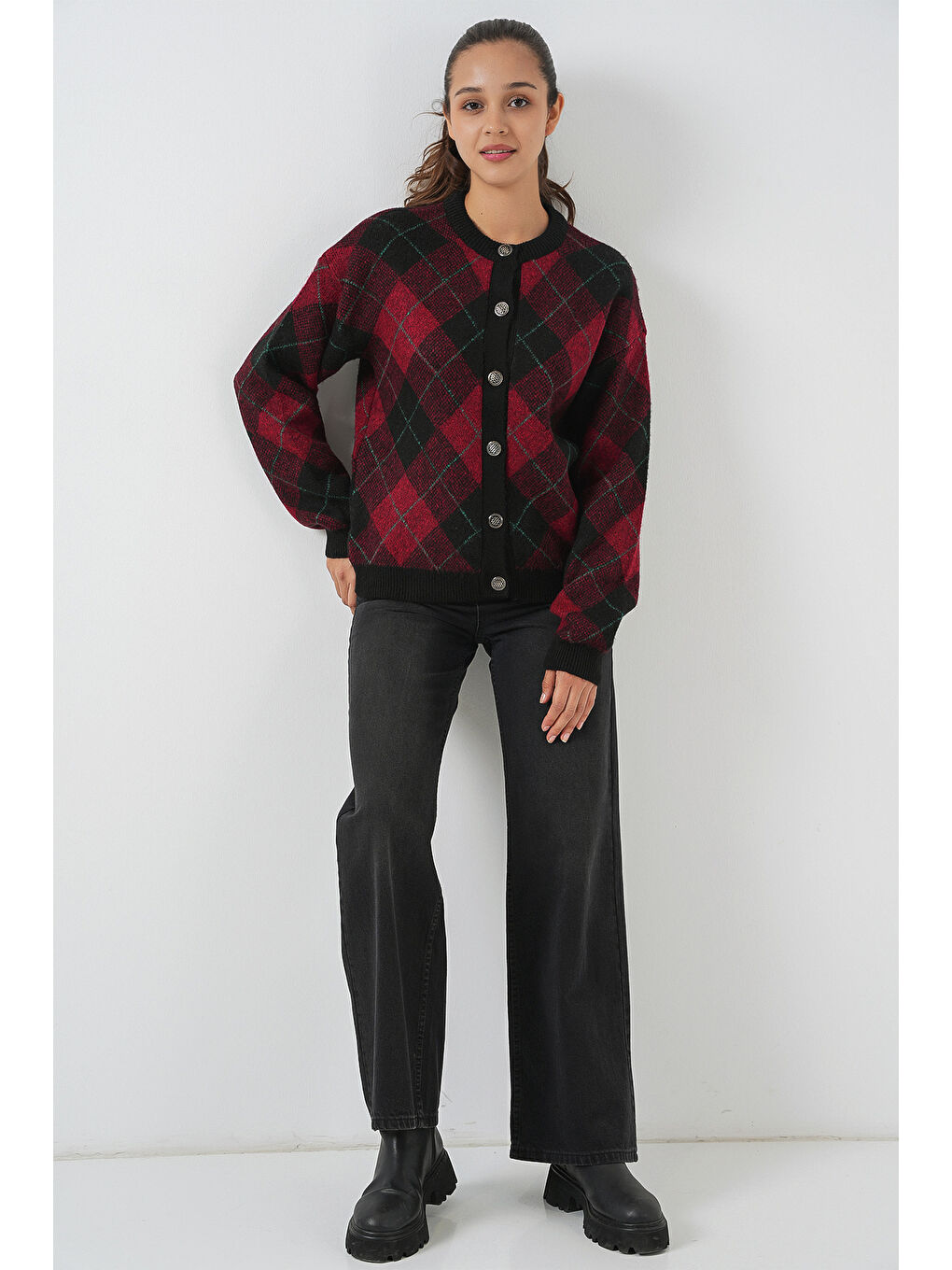 Kadın Desenli Düğmeli Triko Hırka 15927 - Bordo-1