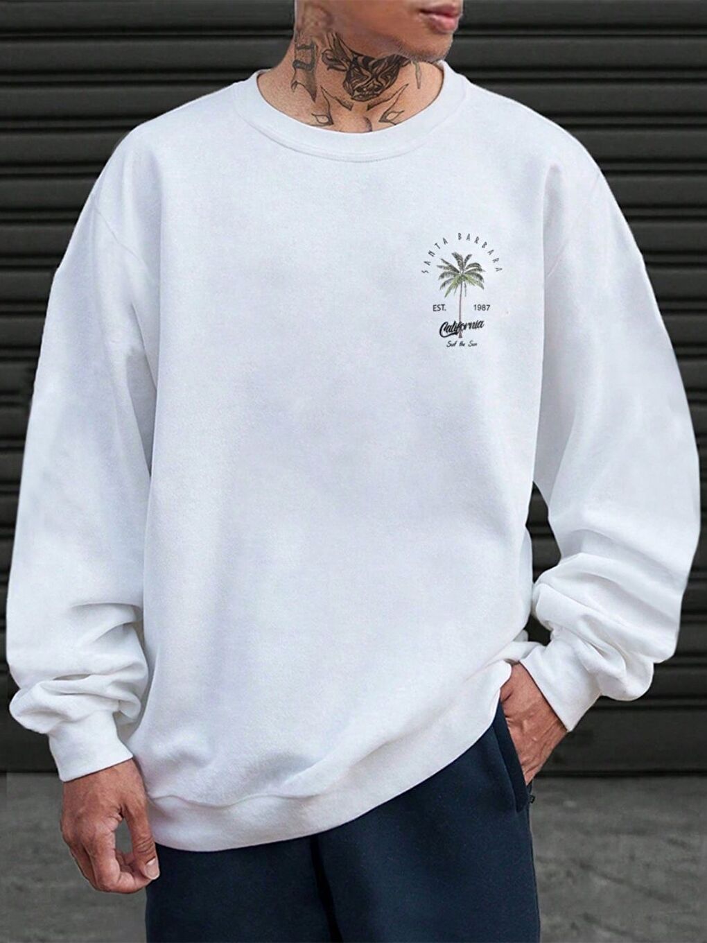 Erkek Beyaz Santa Barbara Baskılı Oversize Bisiklet Yaka Uzun Kollu Sweatshirt-1