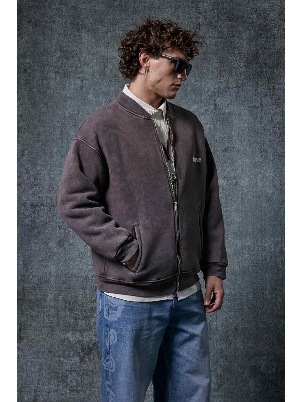 Erkek Oversize Yıkamalı Fermuarlı Sweatshirt Kahverengi-4