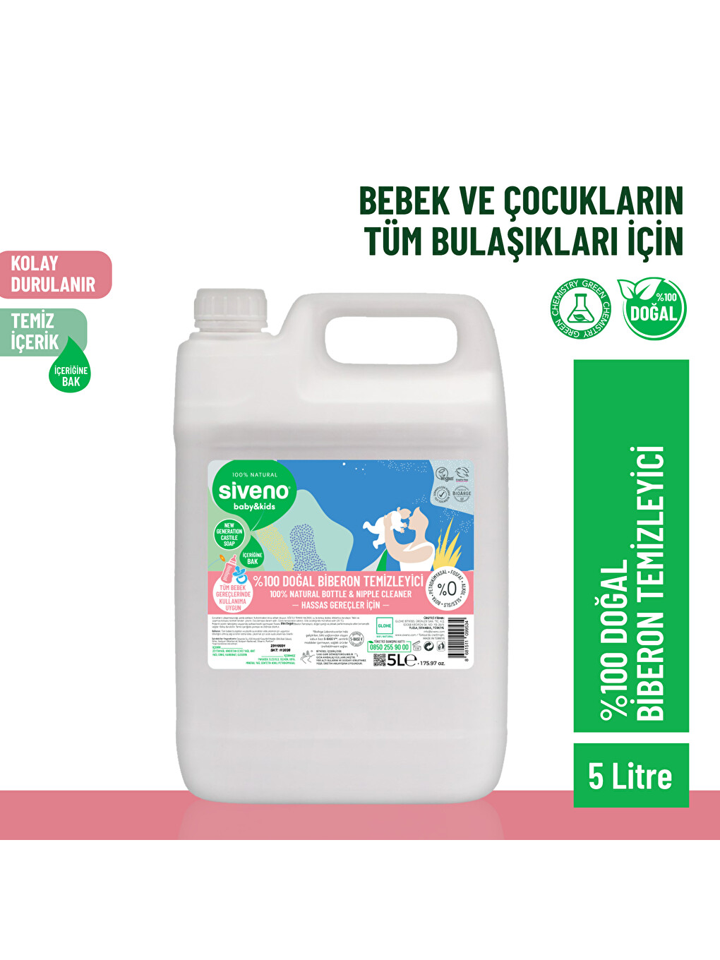 %100 Doğal Emzik Ve Biberon Temizleyicisi Bitkisel Elde Bulaşık Sabunu Nemlendirici Vegan 5000 Ml