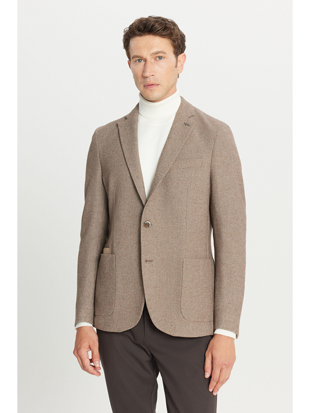 Erkek Bej Yünlü Slim Fit Dar Kesim Mono Yaka Torba Cepli Esnek Blazer Ceket-1
