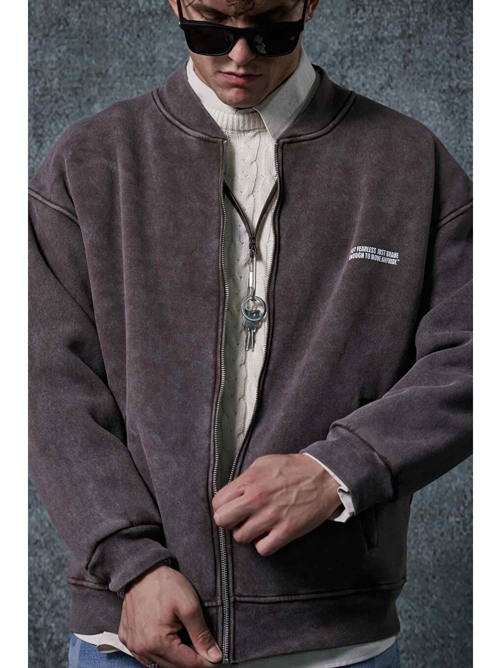 Erkek Oversize Yıkamalı Fermuarlı Sweatshirt Kahverengi-5