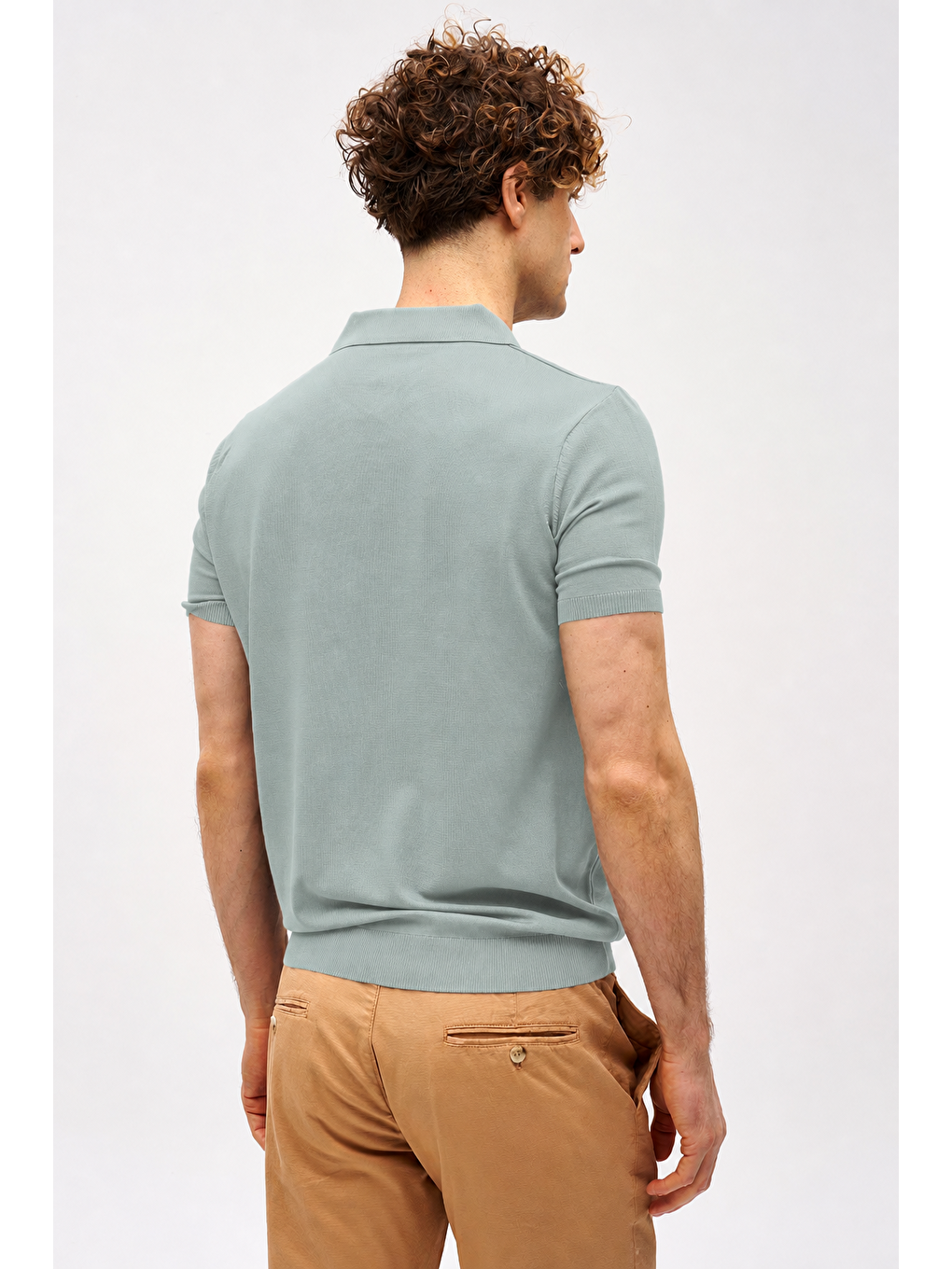 Erkek Açık Yeşil Slim Fit Dar Kalıp Polo Yaka Düz Kısa Kollu Triko Tişört-2