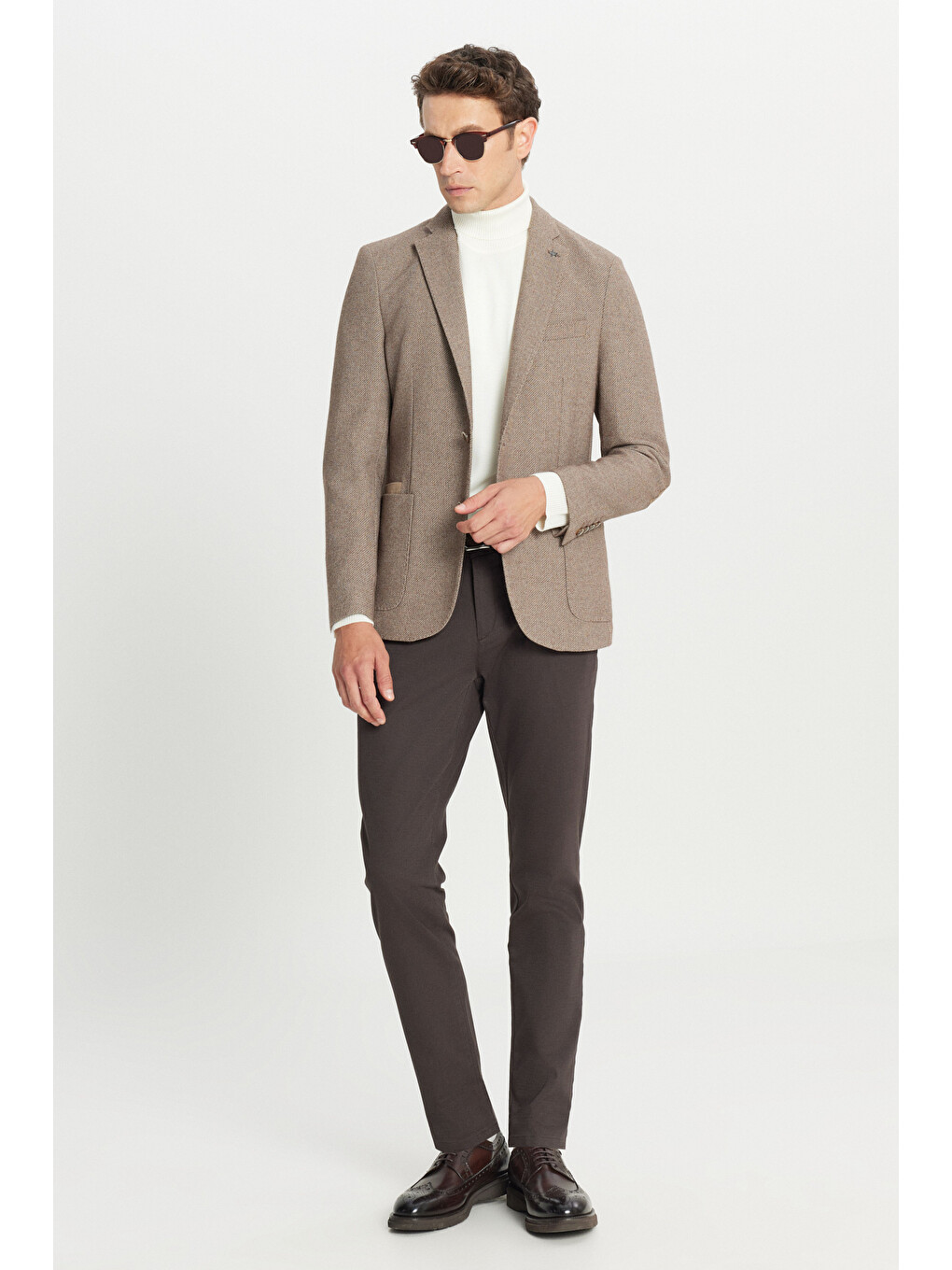 Erkek Bej Yünlü Slim Fit Dar Kesim Mono Yaka Torba Cepli Esnek Blazer Ceket-2