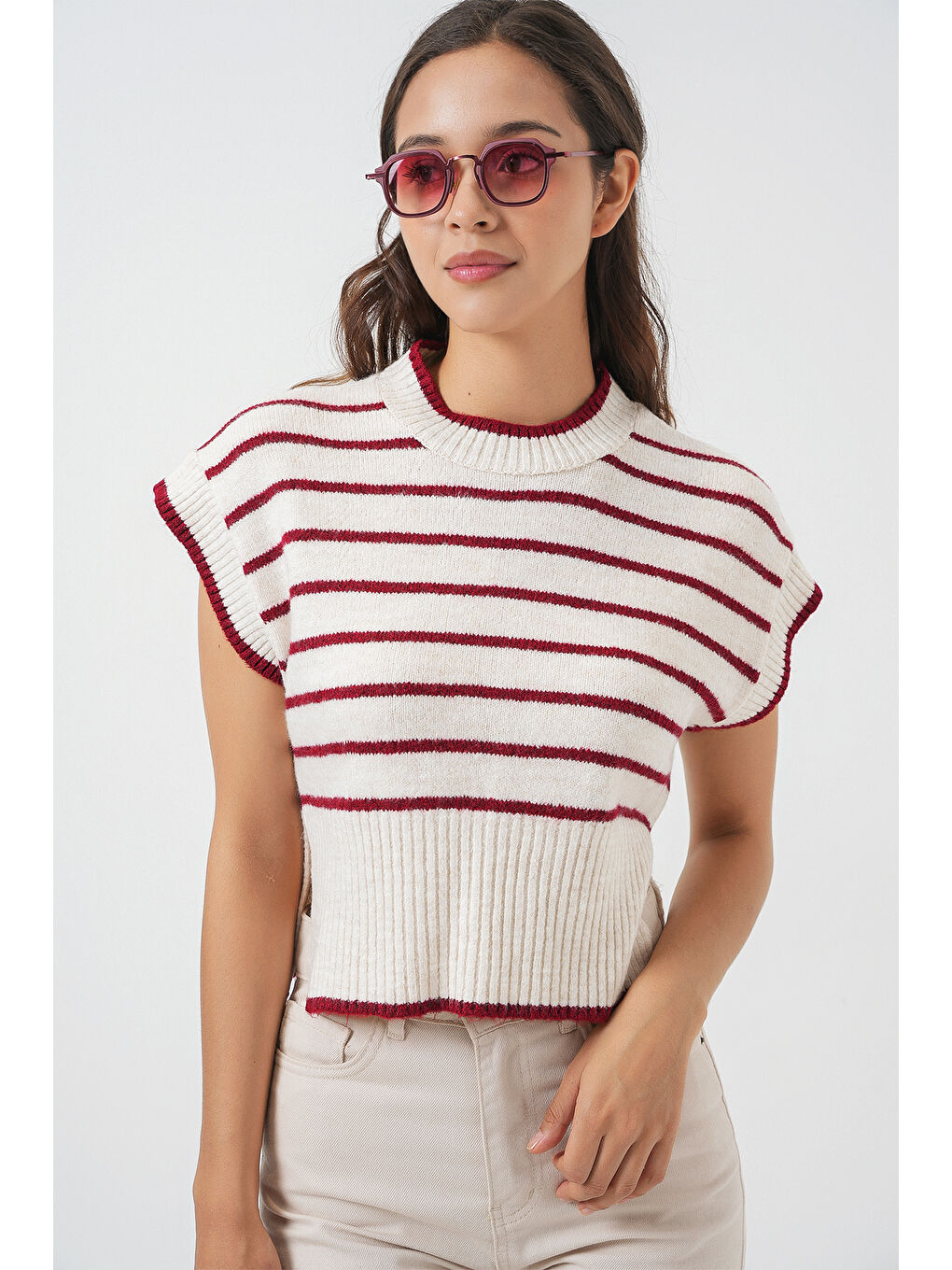 Kadın Çizgili Triko Süveter 15926 - Bordo-2