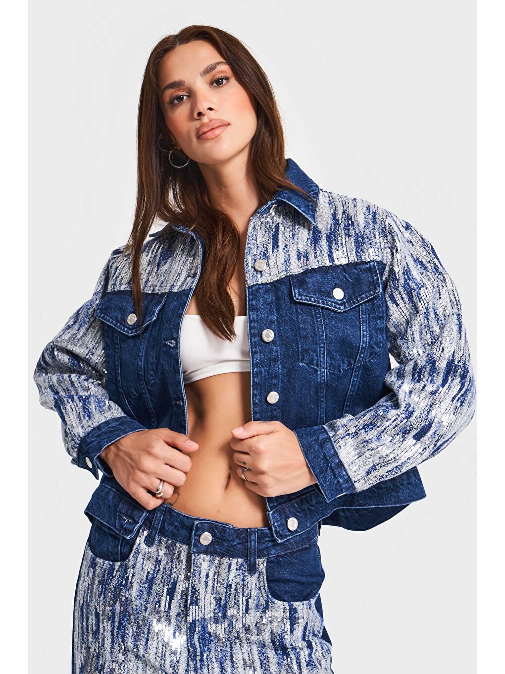 Kadın Mavi Renk 1w5-4 Oversize Pullu Özel Kumaş %100 Pamuk Tasarım Denim Ceket