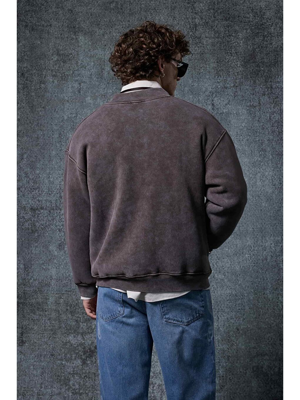 Erkek Oversize Yıkamalı Fermuarlı Sweatshirt Kahverengi-6