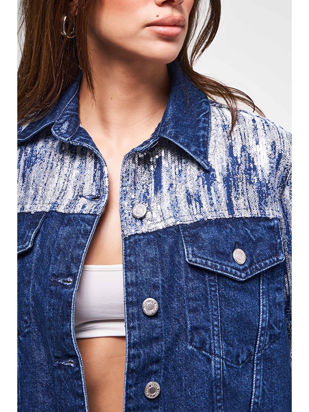 Kadın Mavi Renk 1w5-4 Oversize Pullu Özel Kumaş %100 Pamuk Tasarım Denim Ceket-1