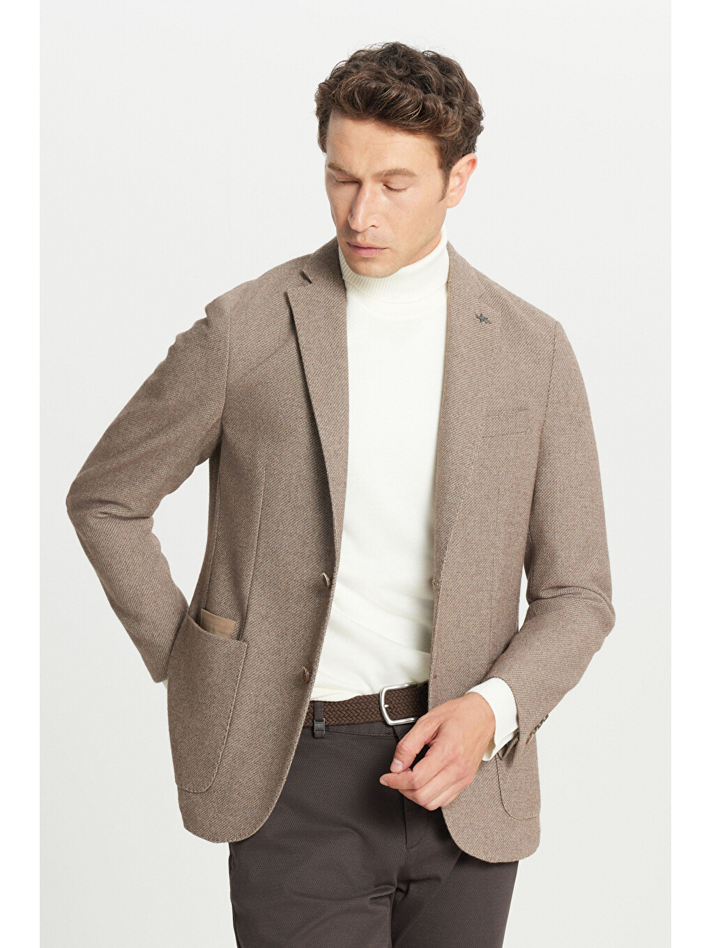 Erkek Bej Yünlü Slim Fit Dar Kesim Mono Yaka Torba Cepli Esnek Blazer Ceket-3