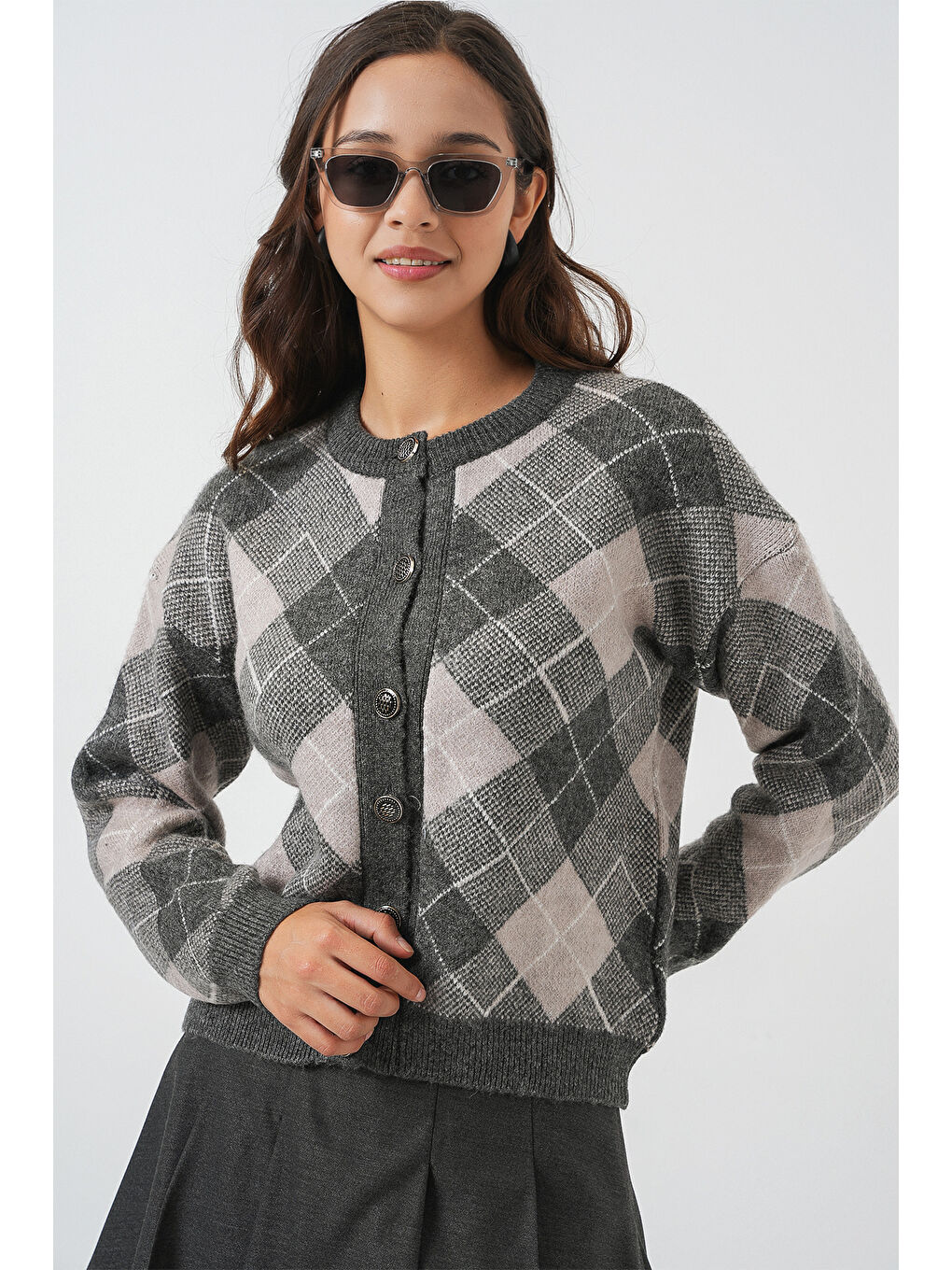 Kadın Desenli Düğmeli Triko Hırka 15927 - Antrasit-2