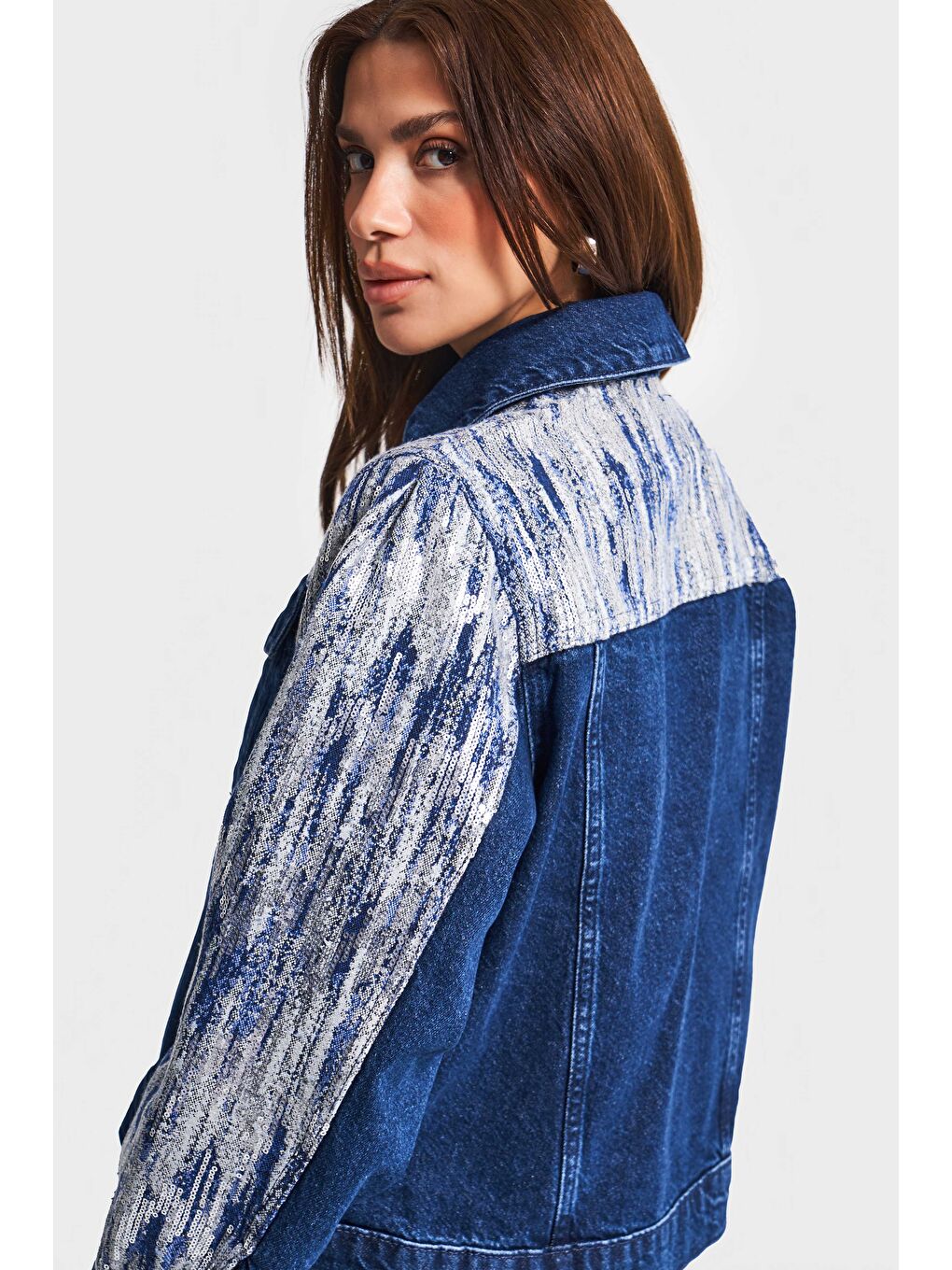 Kadın Mavi Renk 1w5-4 Oversize Pullu Özel Kumaş %100 Pamuk Tasarım Denim Ceket-2