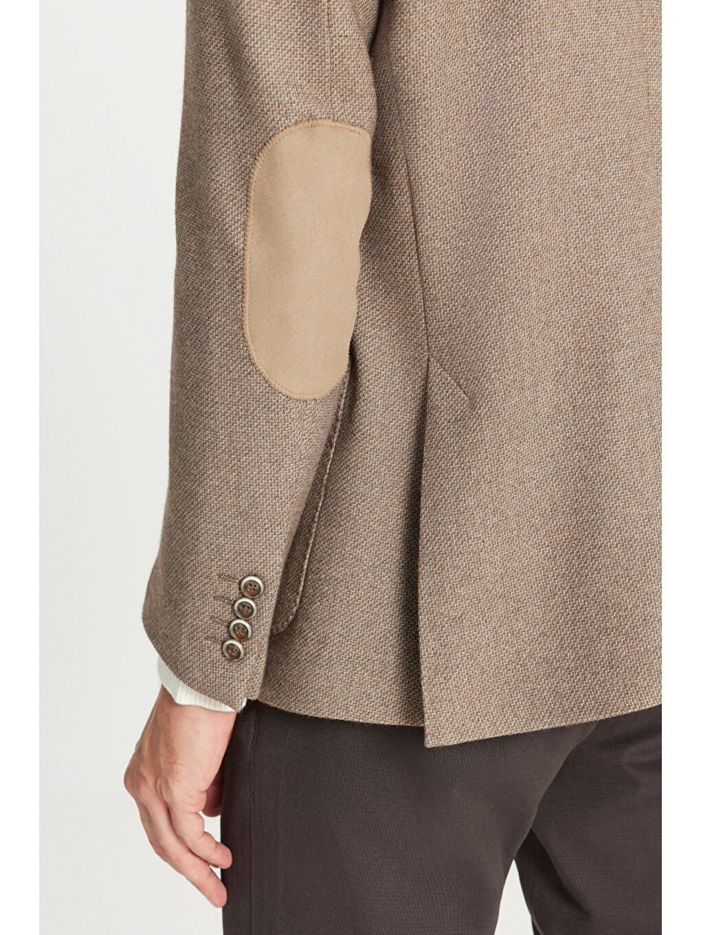 Erkek Bej Yünlü Slim Fit Dar Kesim Mono Yaka Torba Cepli Esnek Blazer Ceket-4