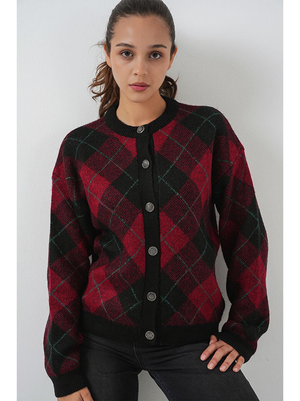 Kadın Desenli Düğmeli Triko Hırka 15927 - Bordo-2