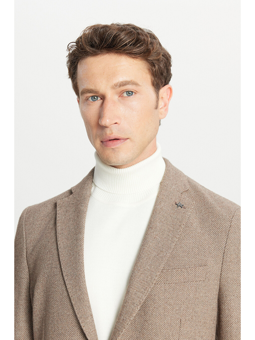 Erkek Bej Yünlü Slim Fit Dar Kesim Mono Yaka Torba Cepli Esnek Blazer Ceket-5