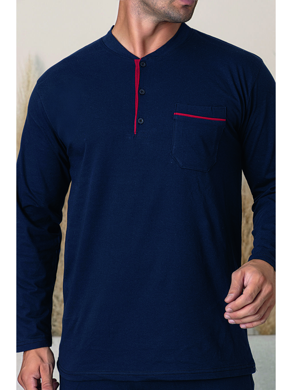 Erkek Lacivert %100 Organik Doğal Pamuk Yüksek Kalite Düğmeli Uzun Kollu Battal Pijama Takımı