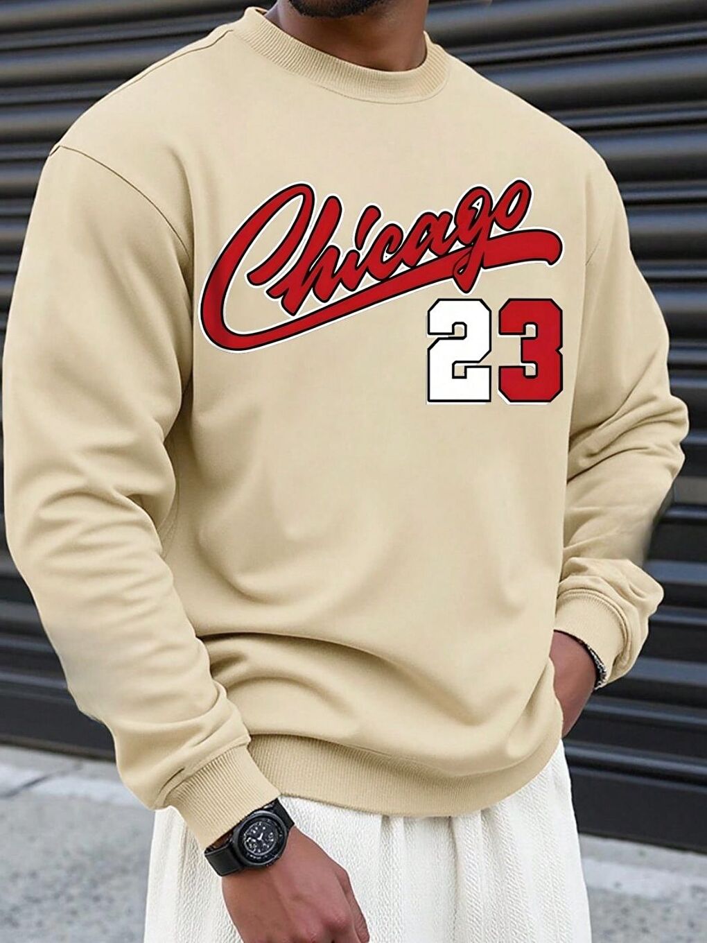 Erkek Bej 23 NCHİCAGO Baskılı Oversize Bisiklet Yaka Uzun Kollu Sweatshirt