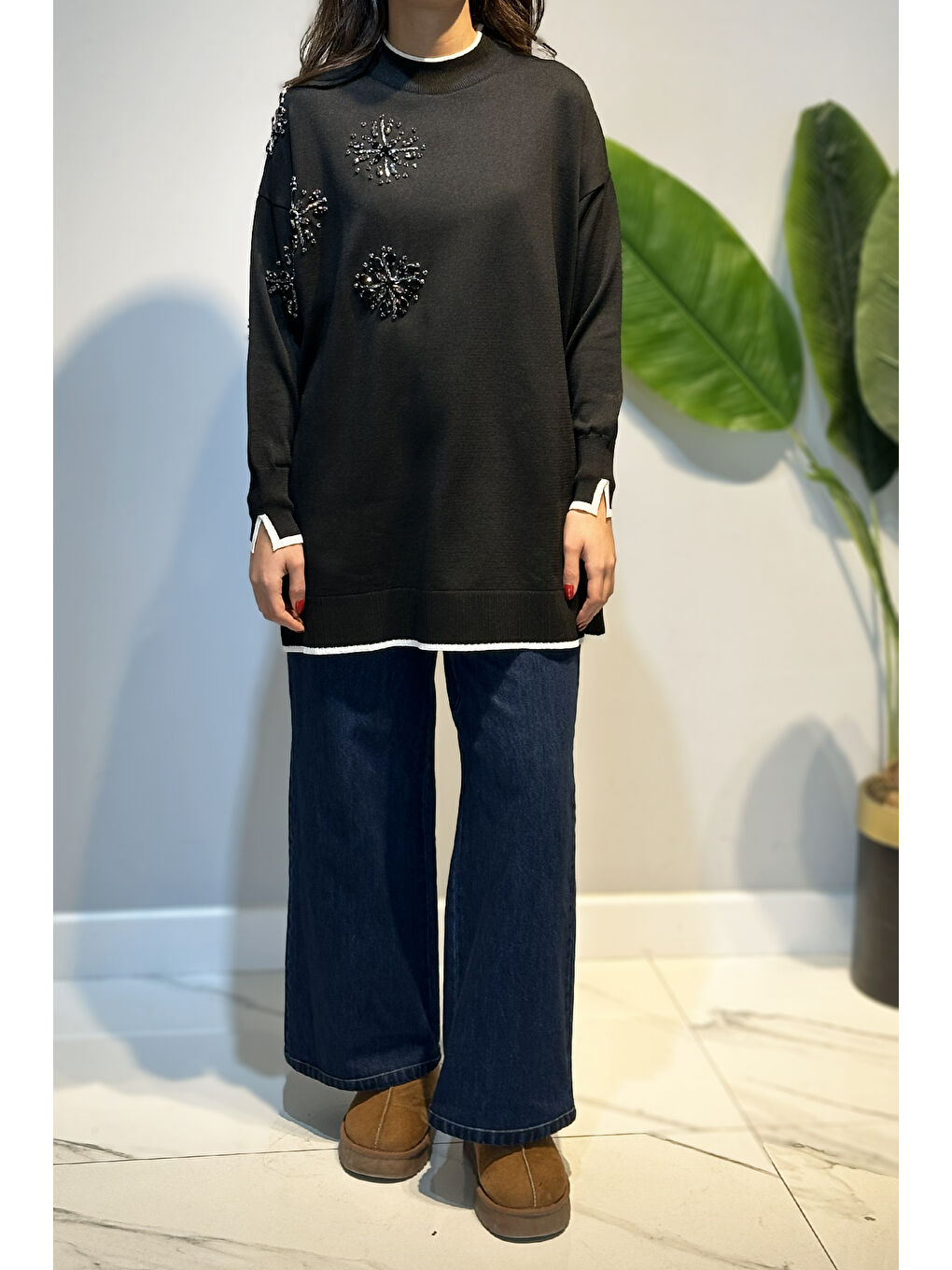 Taş İşlemeli Merserize Tunik 17044 Siyah-1
