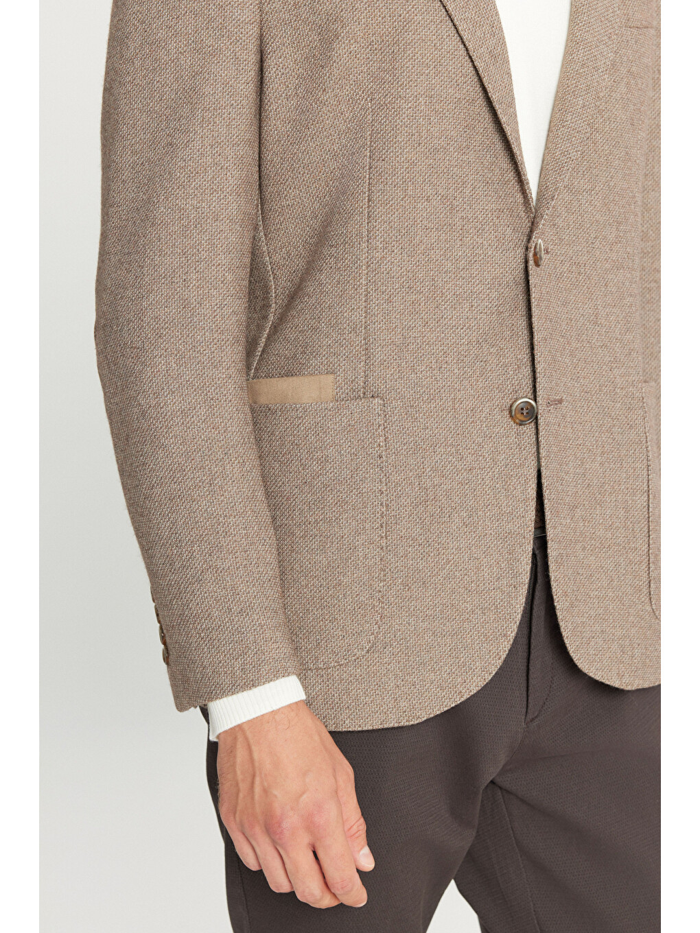 Erkek Bej Yünlü Slim Fit Dar Kesim Mono Yaka Torba Cepli Esnek Blazer Ceket-6