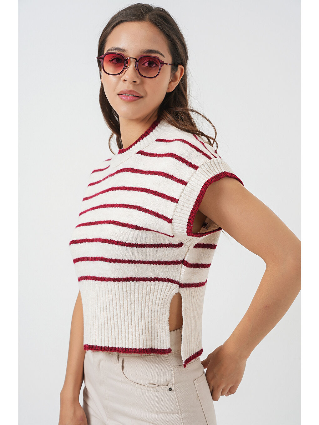 Kadın Çizgili Triko Süveter 15926 - Bordo-3