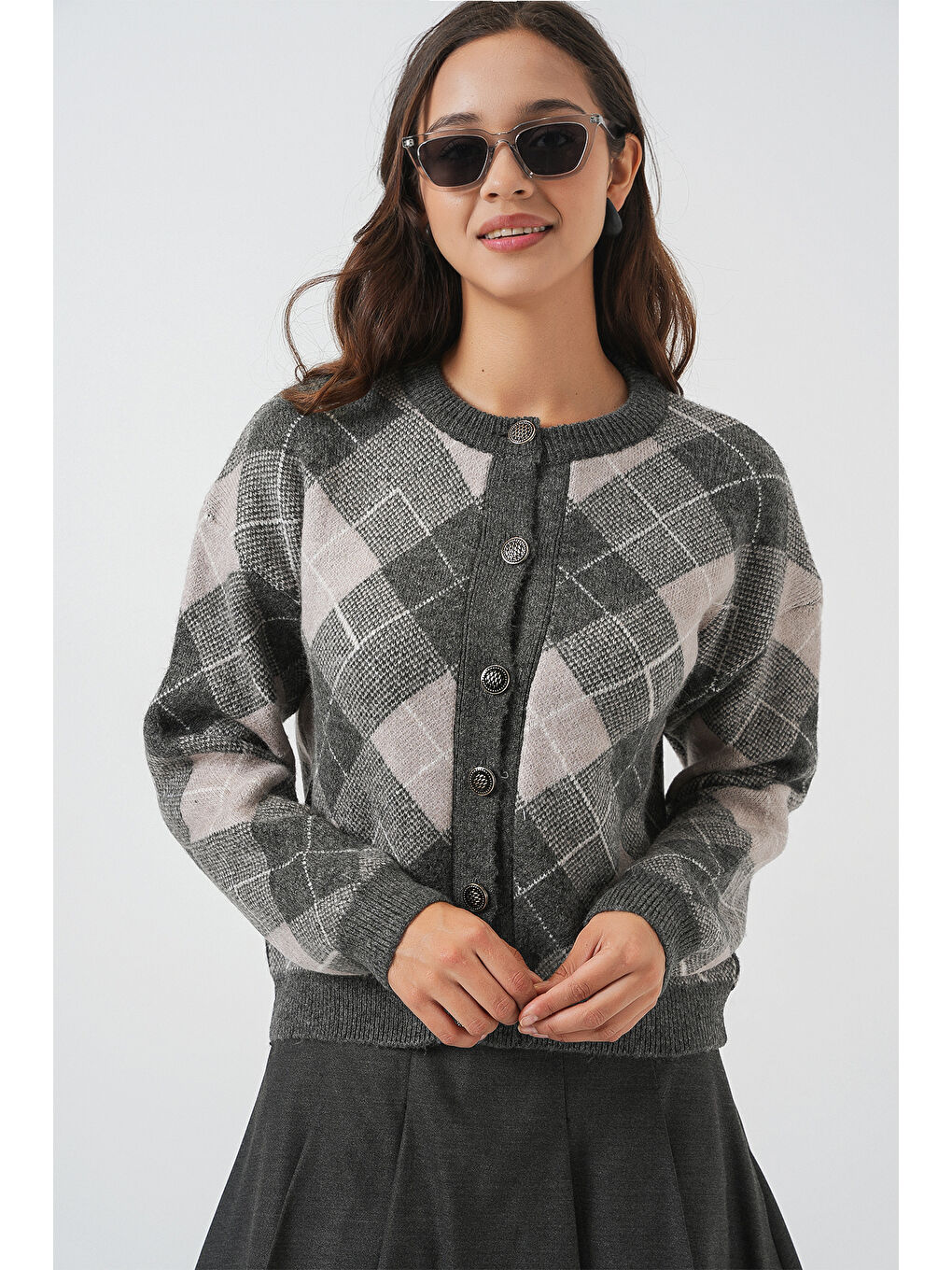 Kadın Desenli Düğmeli Triko Hırka 15927 - Antrasit-3