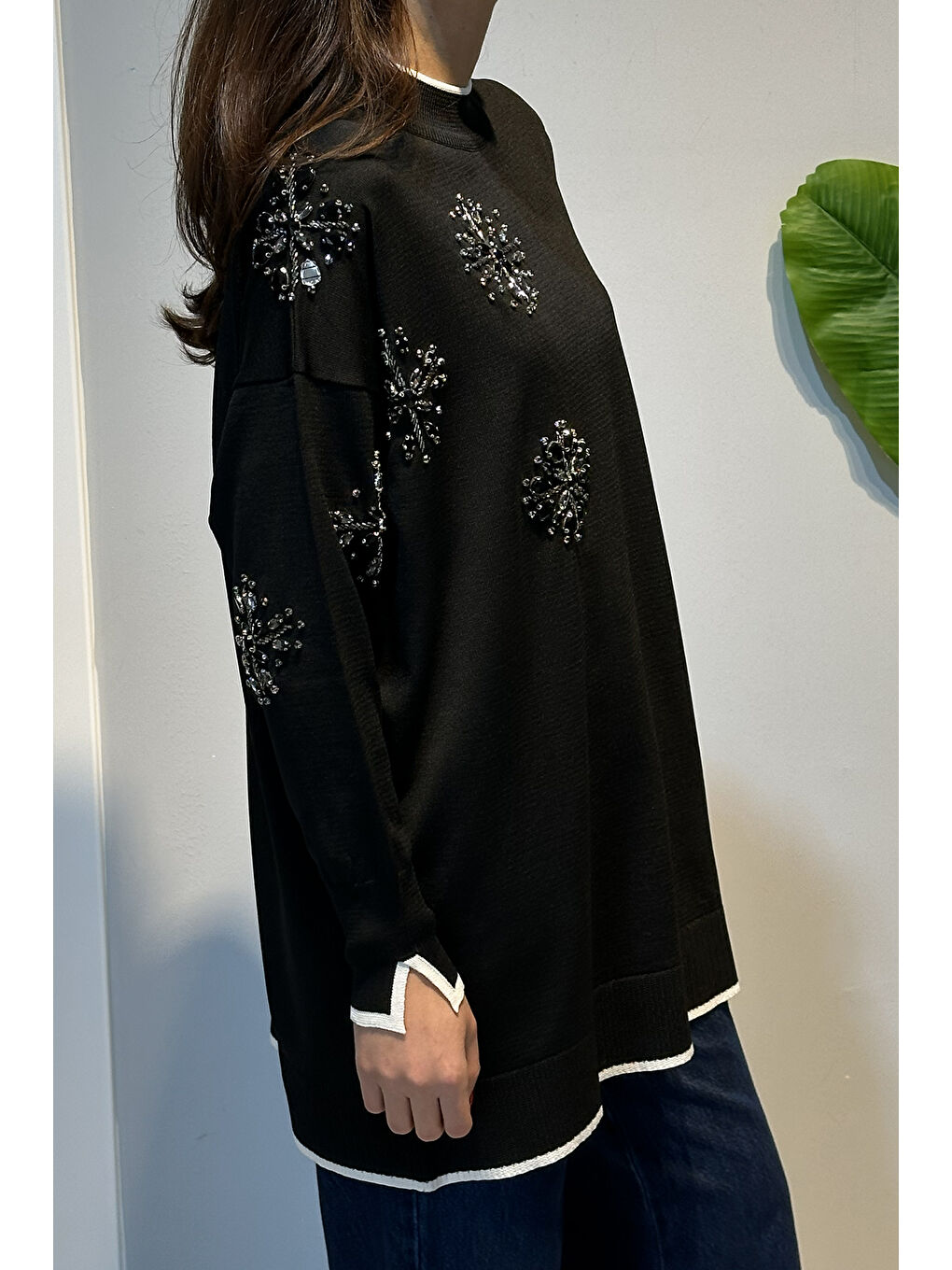 Taş İşlemeli Merserize Tunik 17044 Siyah-2