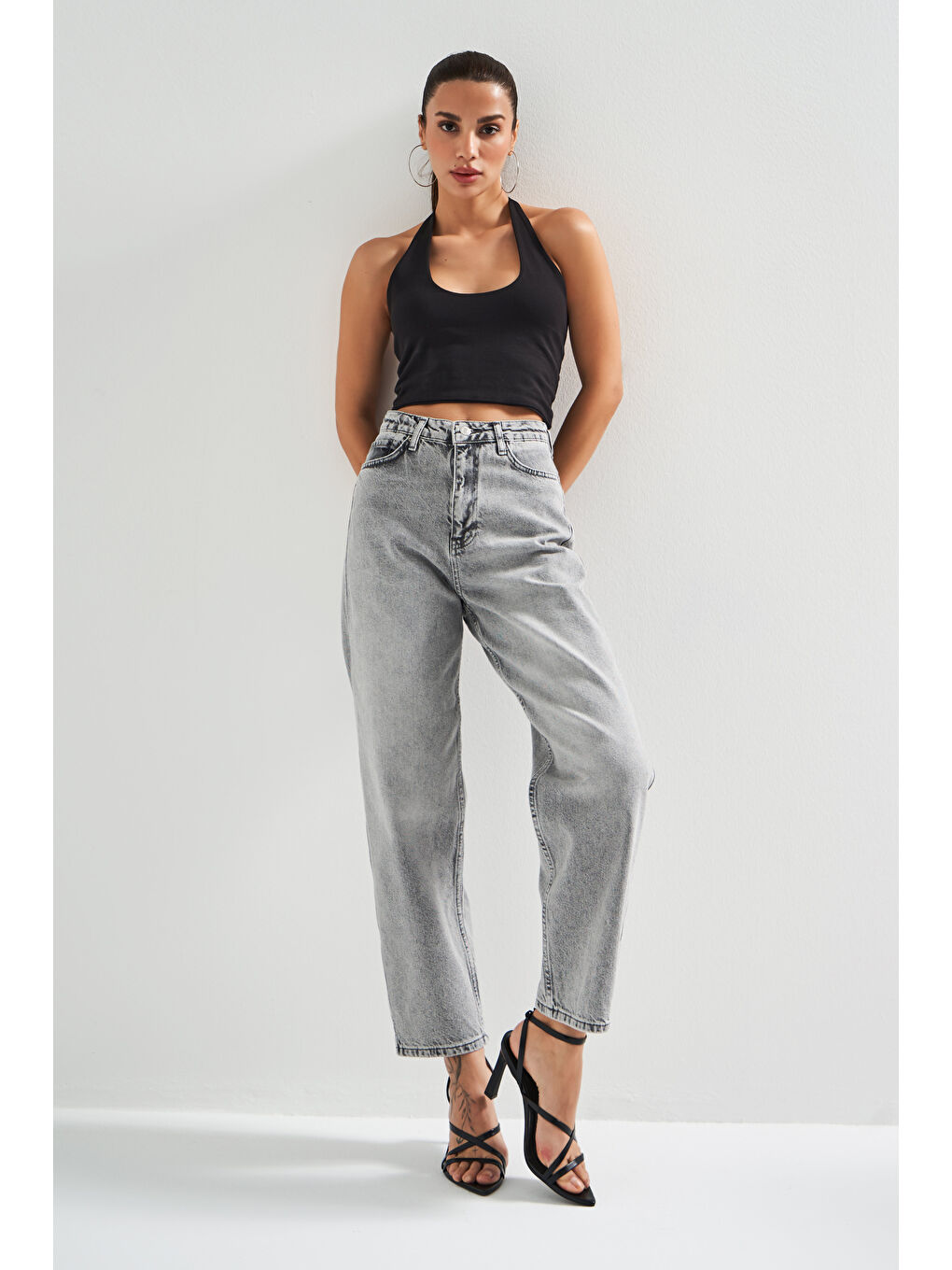 Kadın Gri Renk 4s5-12 Relax Fit %100 Pamuk Denim Jean-2