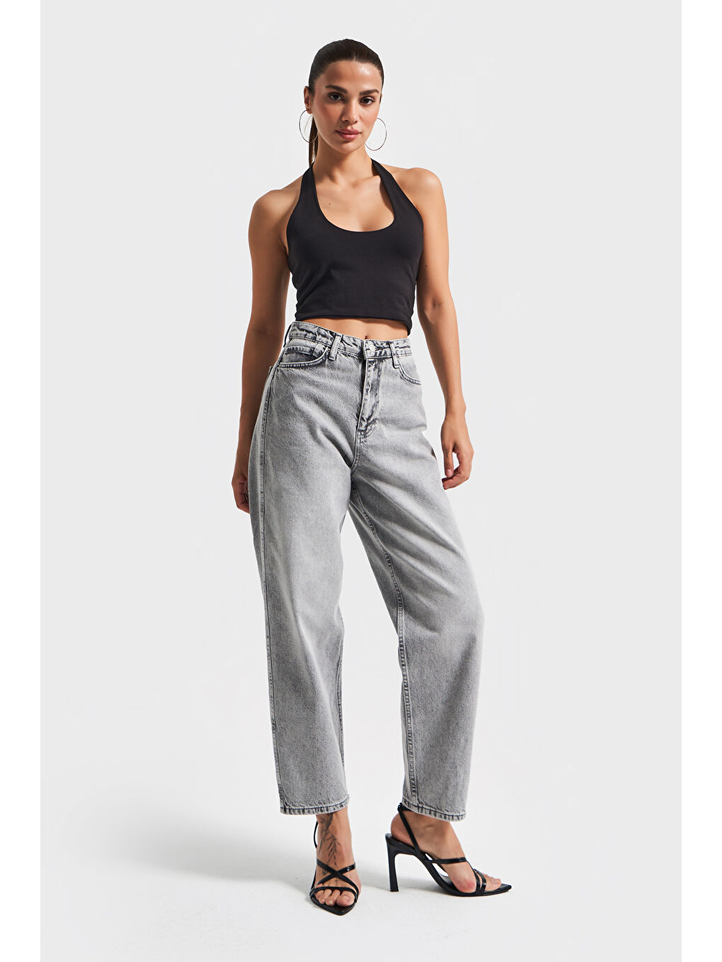 Kadın Gri Renk 4s5-12 Relax Fit %100 Pamuk Denim Jean-4