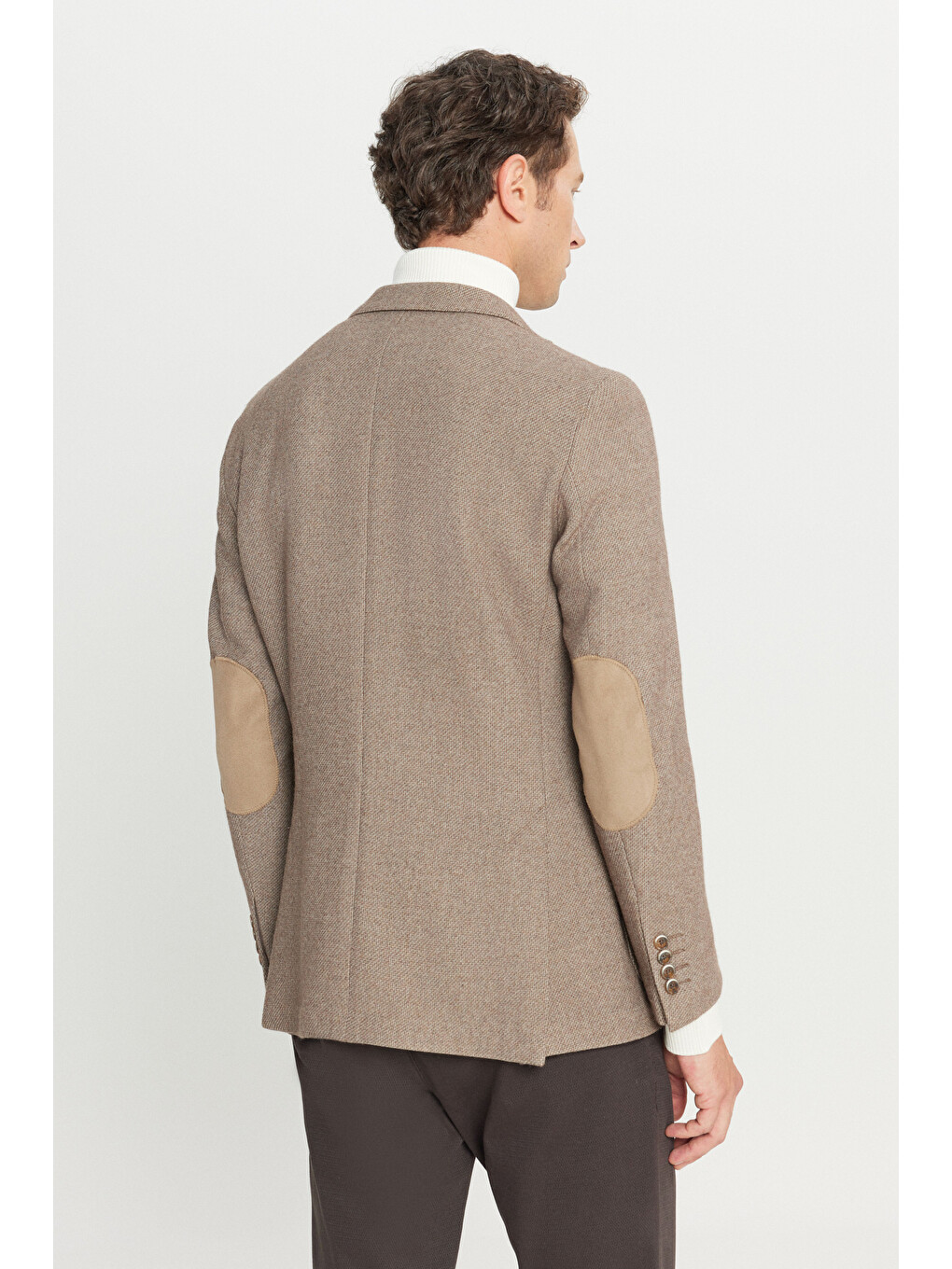 Erkek Bej Yünlü Slim Fit Dar Kesim Mono Yaka Torba Cepli Esnek Blazer Ceket-7
