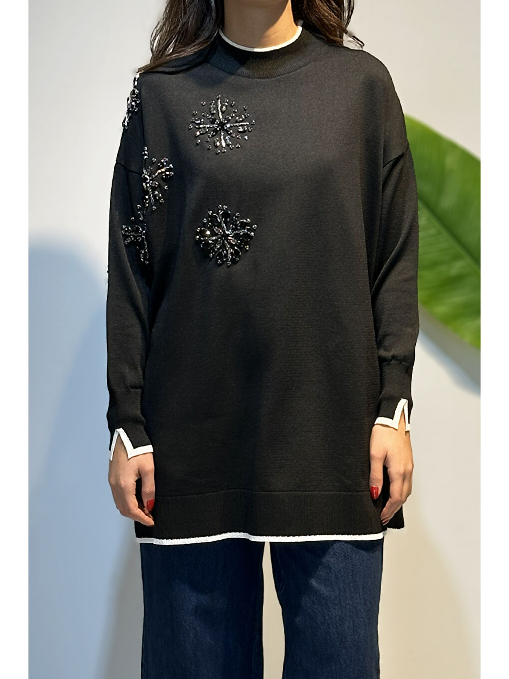 Taş İşlemeli Merserize Tunik 17044 Siyah-3