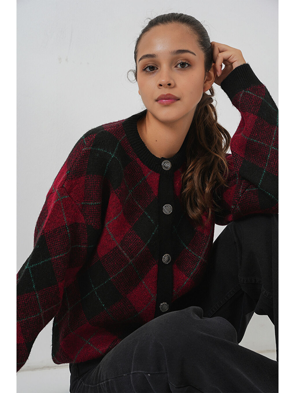 Kadın Desenli Düğmeli Triko Hırka 15927 - Bordo-3