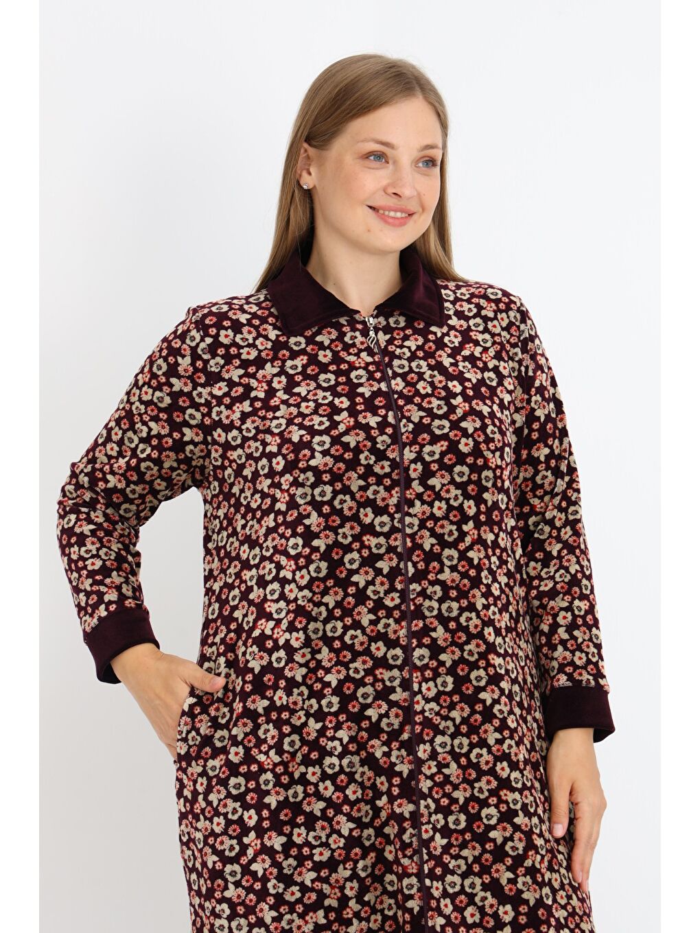 Bordo Kadın Büyük Beden Çiçek Desenli Pamuklu Kadife Fermuarlı Cepli Elbise-1