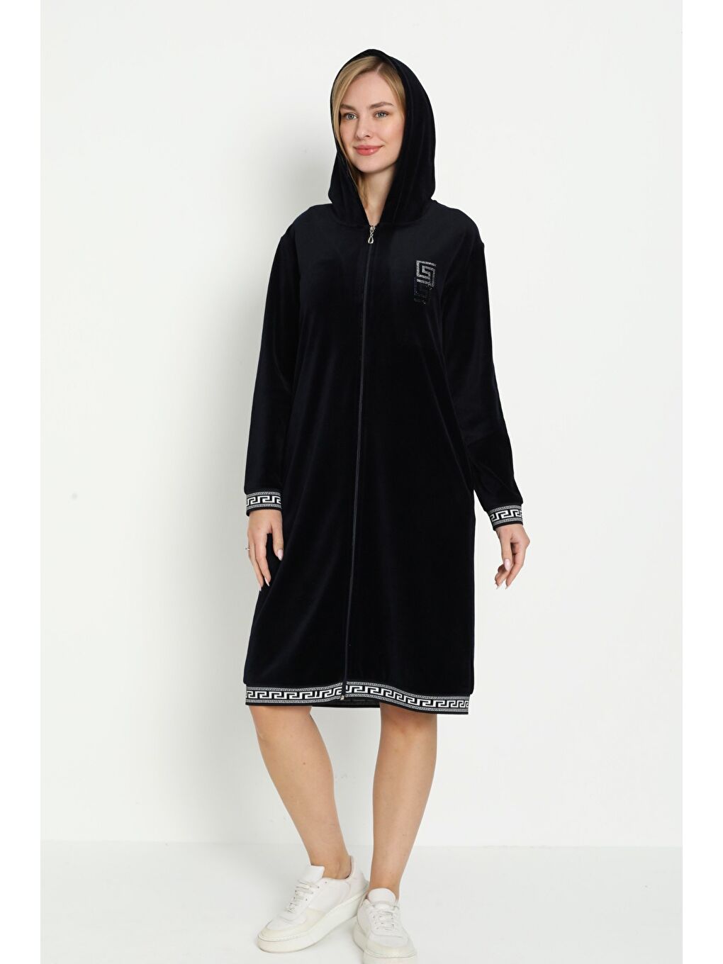 Siyah Kapüşonlu Taş Detaylı Fermuarlı Cepli Pamuklu Kadife Elbise-2