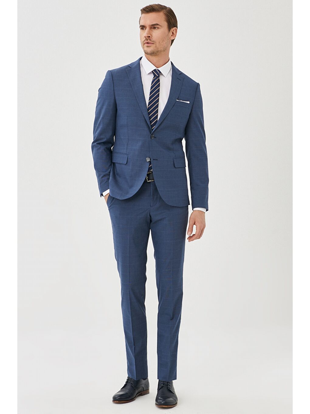 Erkek Lacivert Ekstra Slim Fit Yünlü Kareli Takım Elbise-5