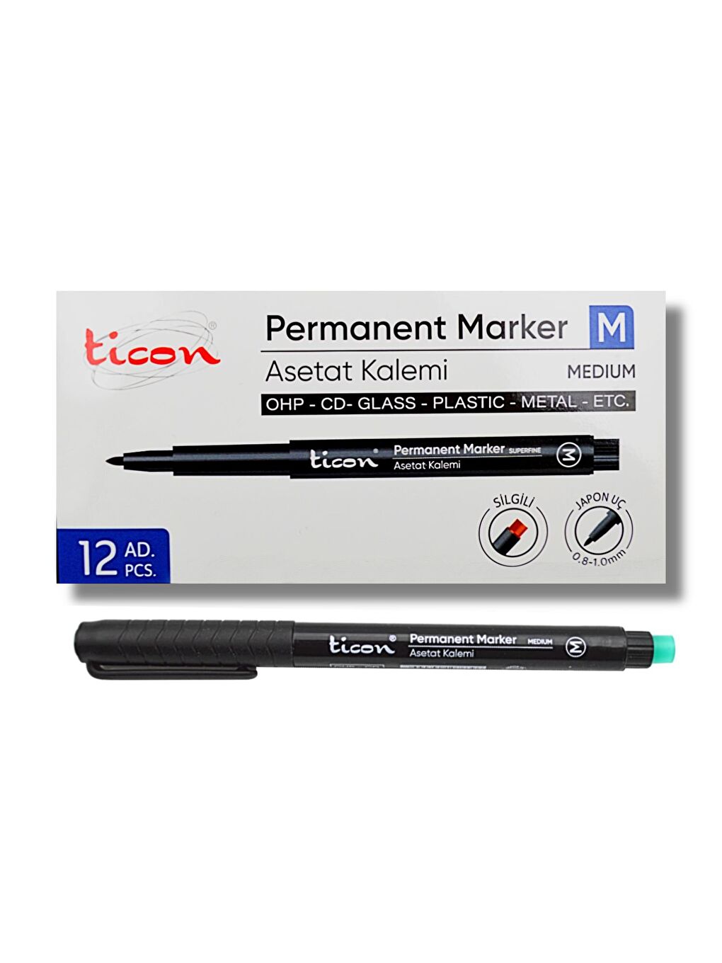 Ticon Permanent Asetat Kalemi M Uç Silgili SİYAH 12 Adet