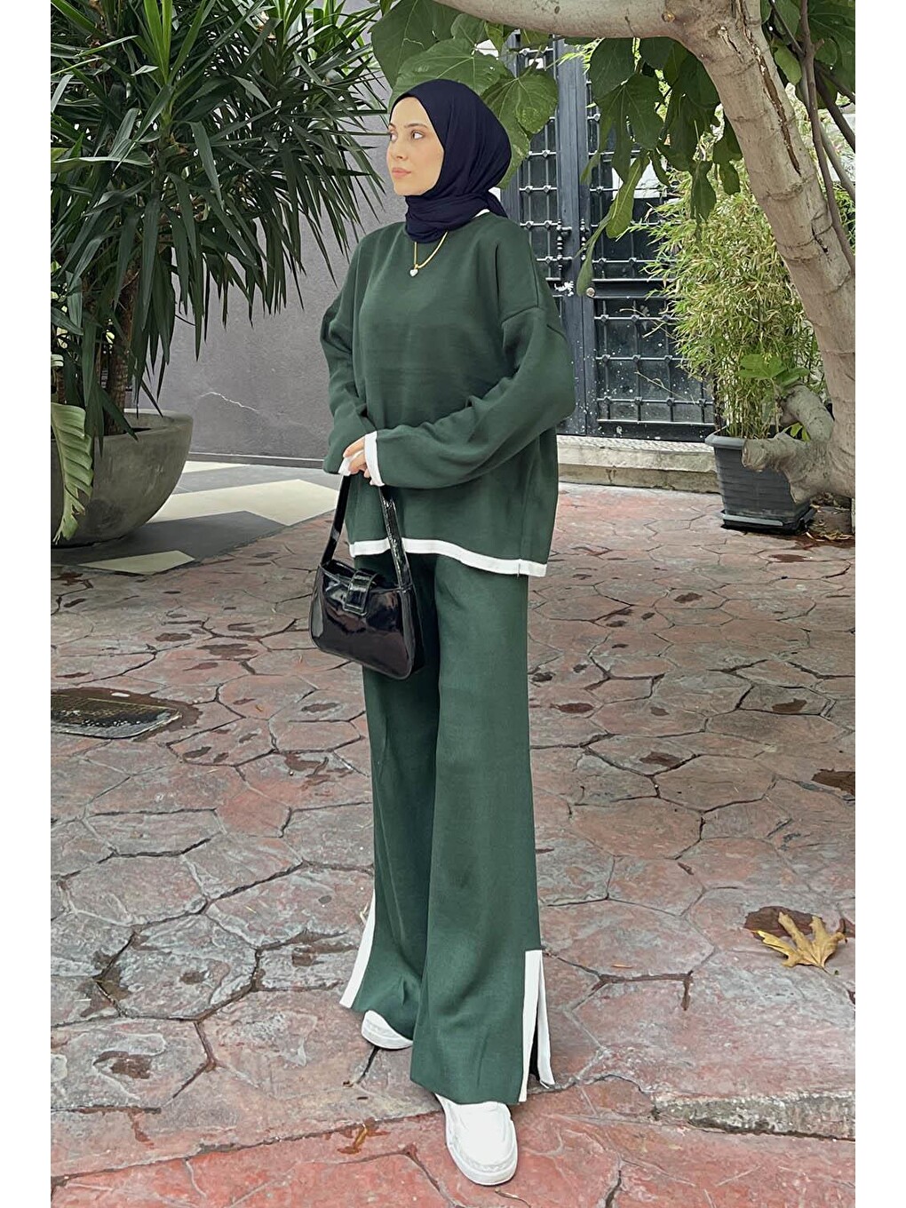 Pantolon Yırtmaçlı Triko Takım Zümrüt Yeşili-1
