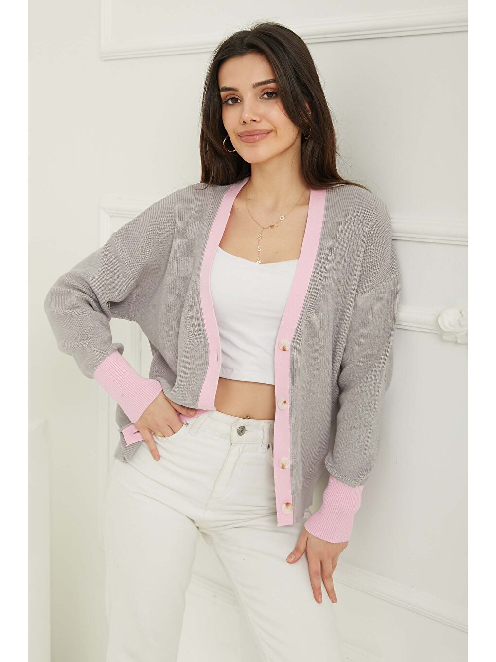 Triko Renkli Hırka Gri - 26736-2