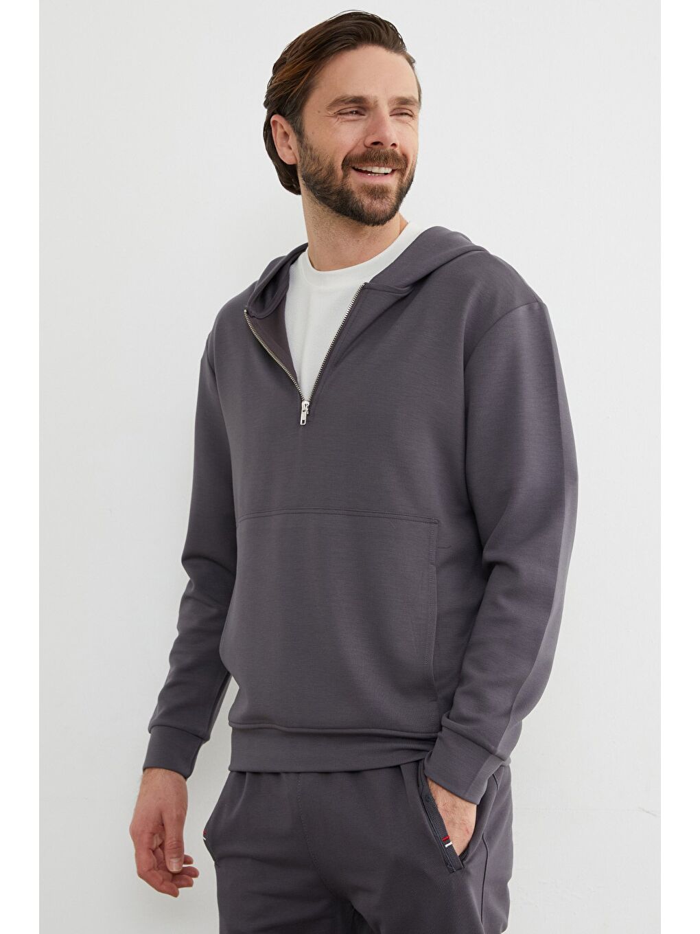 Antrasit Yarım Fermuarlı Kapüşonlu Modal Sweatshirt