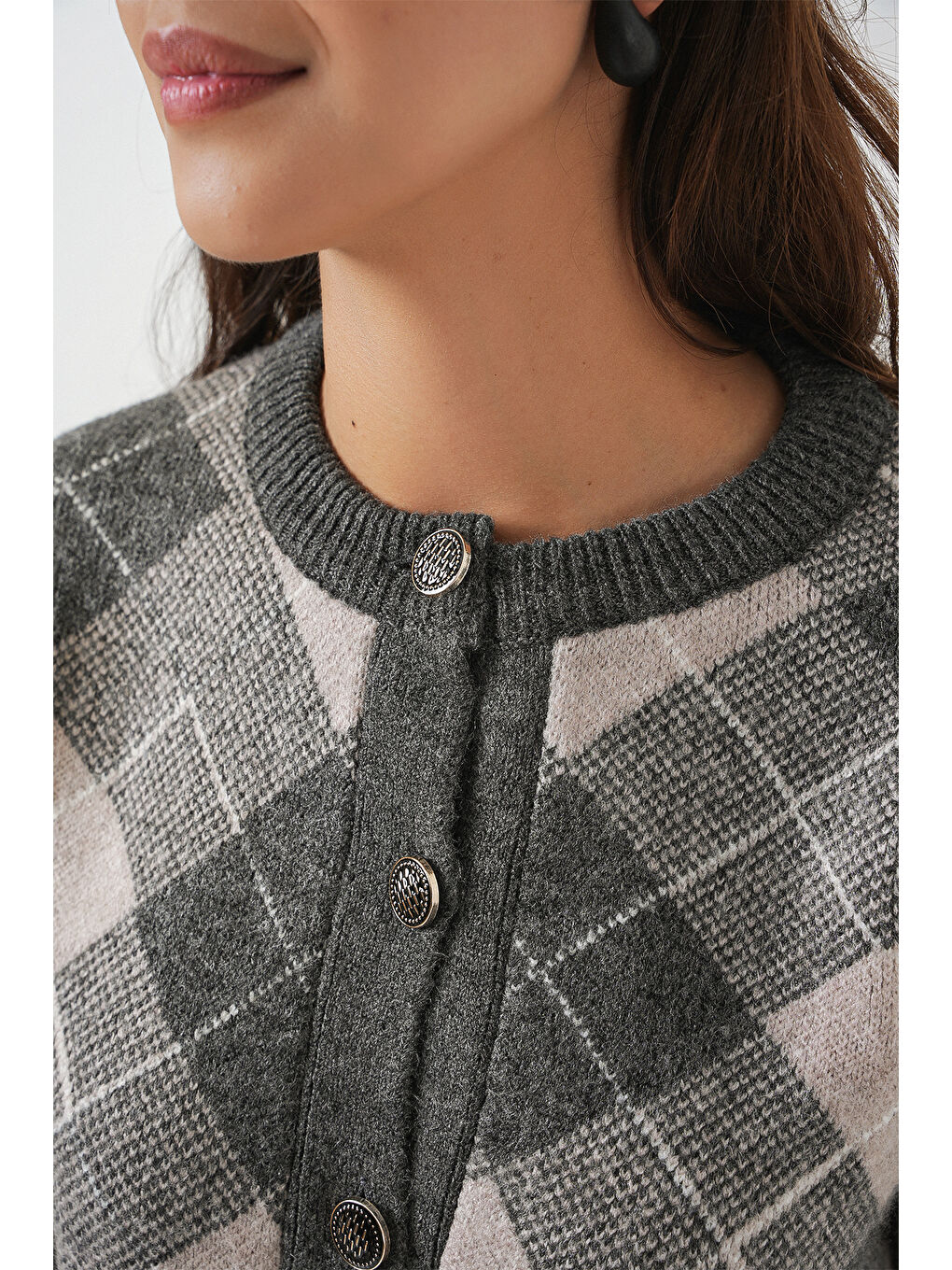 Kadın Desenli Düğmeli Triko Hırka 15927 - Antrasit-4