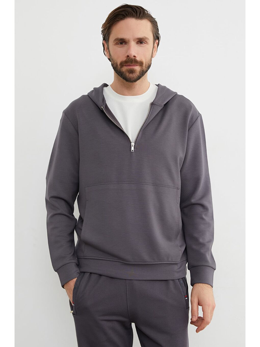 Antrasit Yarım Fermuarlı Kapüşonlu Modal Sweatshirt-1