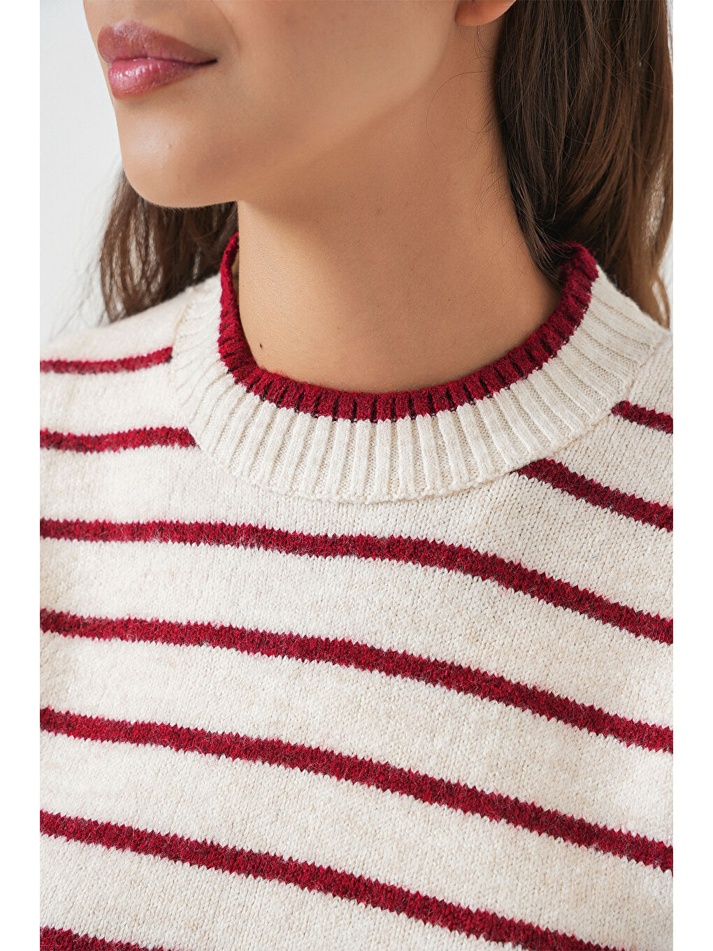 Kadın Çizgili Triko Süveter 15926 - Bordo-4