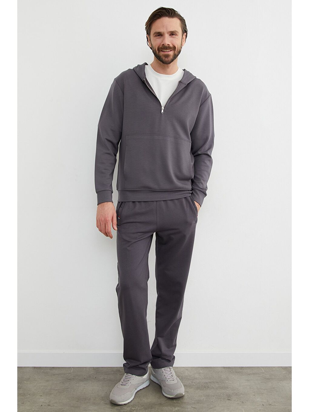 Antrasit Yarım Fermuarlı Kapüşonlu Modal Sweatshirt-2