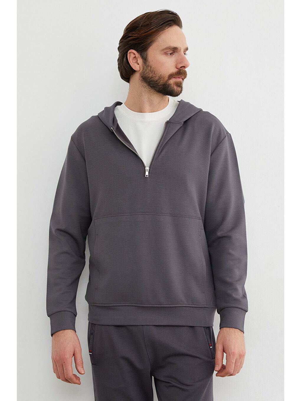 Antrasit Yarım Fermuarlı Kapüşonlu Modal Sweatshirt-3